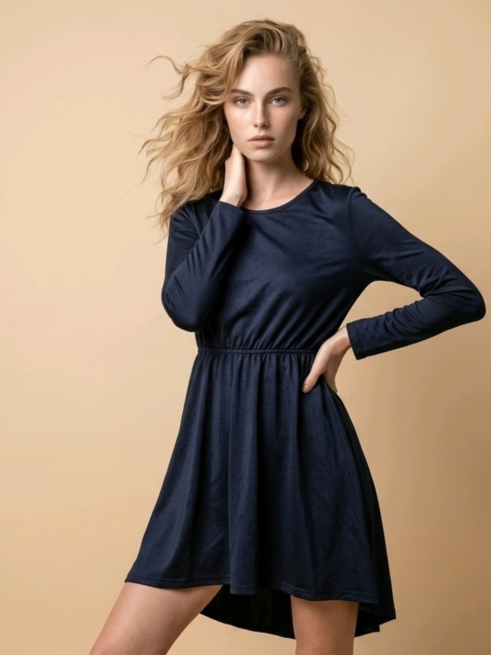 Meaneor Navy Blue High-Low Dress Medium, Long Sleeve Flowy Fit Flare Minimalist